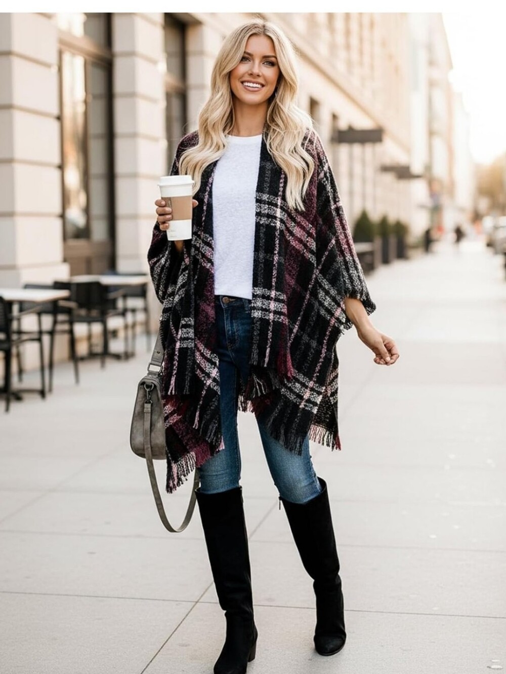 Red Black White Plaid Open Front Shawl Poncho Cape Cardigan
